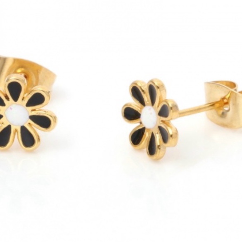 Gold and Black Flower Earrings